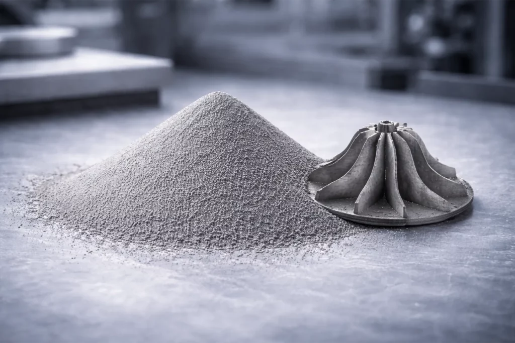 Metallpulver für Werkzeugstahl 1.2709 mit gedrucktem Metallbauteil im Hintergrund